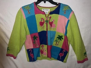 Jack B. Quick Embellished Cardigan Sweater Embroidered Flamingo Palm Tree Sz M - Picture 1 of 10