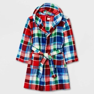 Cat & Jack Robe Kids Plaid Hooded Tie Waist - Picture 1 of 3