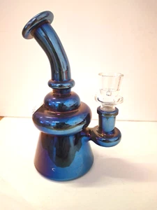 Water Pipe Glass 6" Bent Neck 14mm Male Bowl - Metallic Blue - Picture 1 of 3