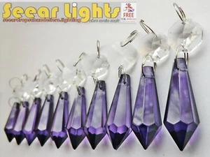 10 CHANDELIER CRYSTALS DROPS VINTAGE PURPLE GLASS PARTS RETRO TORPEDO BEAD PRISM - Picture 1 of 12