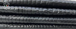 BLACK CROCODILE TEXTURED EMBOSSED PRINT On Lamb leather 2 skins 12sqf 0.6mm C101 - Picture 1 of 7