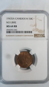 Cameroon 50 Centimes No Libre, 1943, NGC MS 64 RB - Picture 1 of 4
