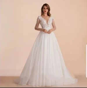 UK Sheer Neck Long Sleeve Bridal Gown Lace A Line Beach Wedding Dress Size 6-18 - Picture 1 of 6