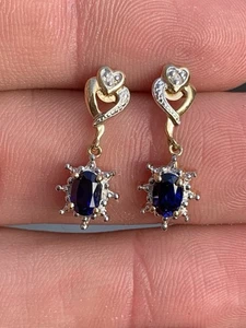 Pendientes colgantes de diamantes y zafiros de oro de 9 quilates, 9K 375 - Imagen 1 de 7
