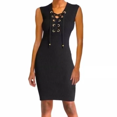 MICHAEL Michael Kors Sz L Black Ribbed Knit Lace-Up Sweater Dress Bodycon - Image 1 of 4