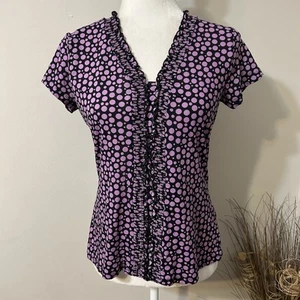 Merona Women Polka Dot Top Violet Black Short Sleeve Ruffle V-Neck Front Sz M - Picture 1 of 5