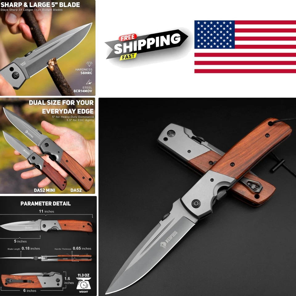 NedFoss DA52 Pocket Knife for Men 5'' Large Folding Knife 11'' Survival Kni...