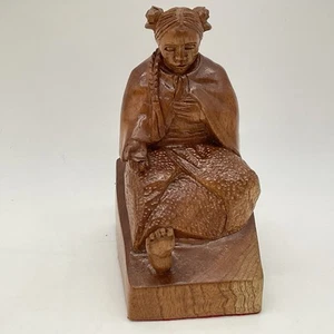 Peruvian Woman Seated Hand Carved With Two Long Braids And Buns In Her Hair - Picture 1 of 12