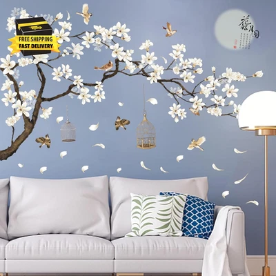 Large Chinese Style White Flowers Wall Stickers with Black Tree Flying Birds Wal - Image 1 of 4