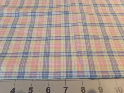 1 YD X 44" VINTAGE SEERSUCKER PASTEL BLUE PINK YELLOWGREEN PLAID/ NEW #1144 - Image 1 of 2