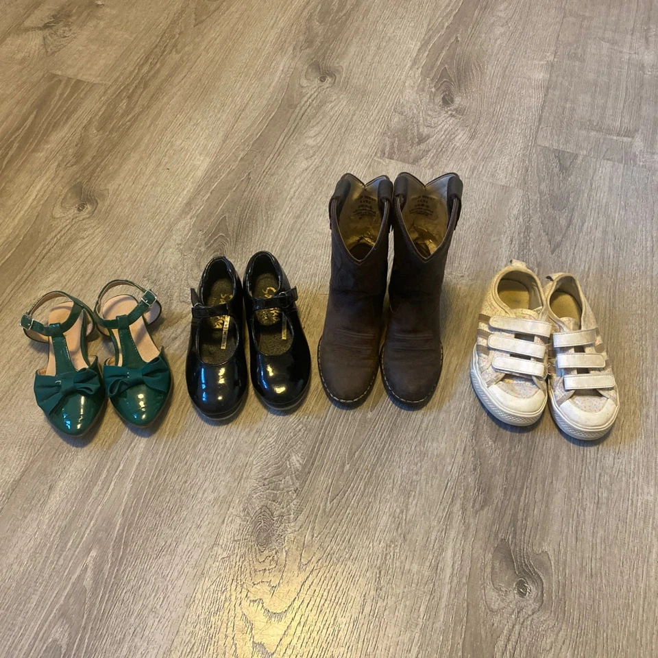 Girls Shoe Lot. 4 Pairs. Sizes 10-11.5. Tap Shoes, Cowboy Boots, Fancy, Sneakers - Image 1 of 4