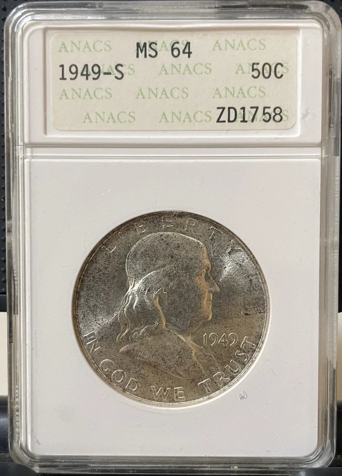 1949-S Franklin Half Dollar ANACS MS64 Old Soapbox Holder EARLY Certificate No - Image 1 of 2