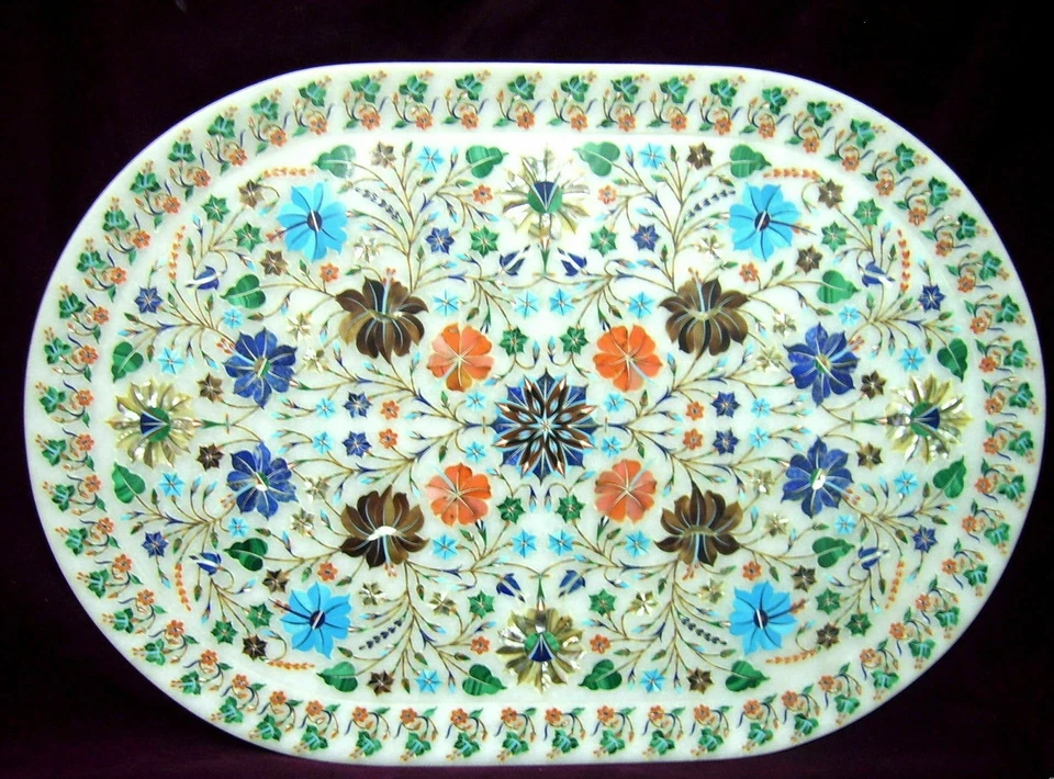 Bandeja de mármol arte floral incrustación piedras semipreciosas hechas a mano decoración para el hogar Foto 1 de 1