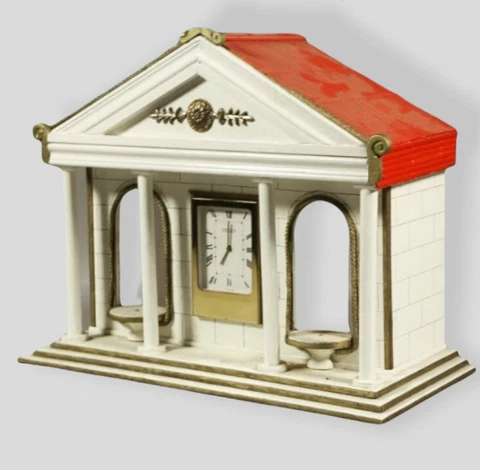 Antique Desk Clock Jaeger Wooden Temple Mounted Quartz Rome Style Rare Old 20th Cover