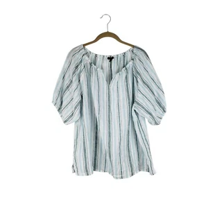 Talbots Linen Popover Top LP White Blue Green Stripe Peasant Blouse Summer - Picture 1 of 7