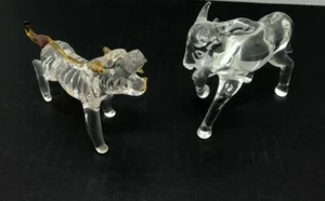 Crystal Bull Art Glass Amber Clear Figurine tiger lot of 2 - Picture 1 of 5