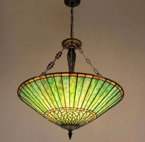 Tiffany Style Pendant Light Fixture 23 in. 3-Light Emerald Stained Gl Chandelier - Picture 1 of 4