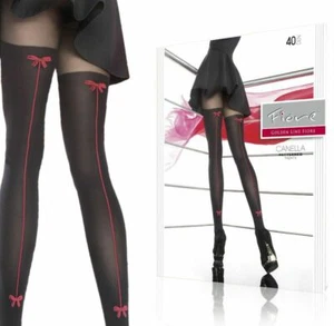 Fiore Canella Damen Strumpfhose gemustert Straps-Optik Muster Schleife 40DEN   - Bild 1 von 10