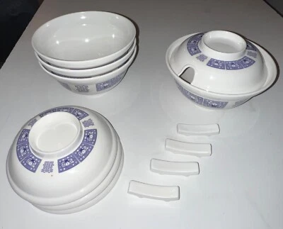 Lot SET 4 qty Chinese Soup Bowls Lids Set & Chopstick Rest Melamine Oriental - Image 1 of 4