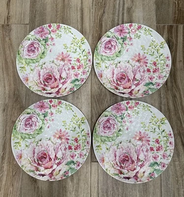 JUEGO DE 4 PLATOS DE CENA FLORALES ROSAS Y VERDES SHABBY CHIC Melamina Martillada 11" Foto 1 de 3