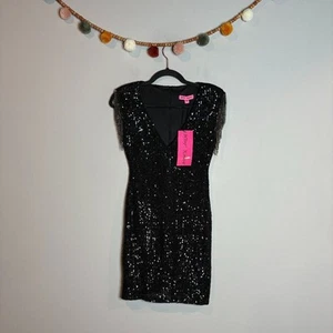 Neu mit Etikett Betsey Johnson Minikleid schwarz Pailletten Fransenärmel - Bild 1 von 6