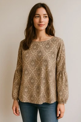 Violet Claire Top Womens L Tan Geometric Paisleycasual Flowy Boho - Image 1 of 4