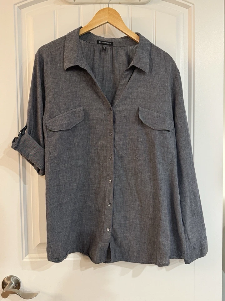 Eileen Fisher XL Gris, Mezcla de Lino Cambray Top Abotonado, Manga Larga Foto 1 de 4