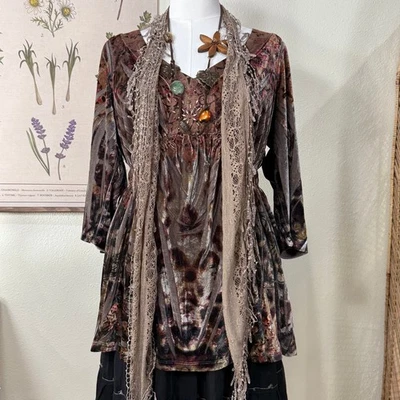 Y2k Velvet Babydoll Top Fairy Grunge Boho Hippie Whimsigoth Forest Mori Kei 1X - Image 1 of 4