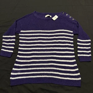 Ann Taylor LOFT Damen Pullover L Lila Weiß Streifen Leinen Baumwolle Neu mit Etikett A17 - Bild 1 von 5