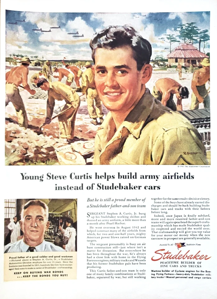 PRINT AD Studebaker 1945 10.5x13 Steve Curtis Army Airfield Skemp Art War Bonds - Image 1 of 1