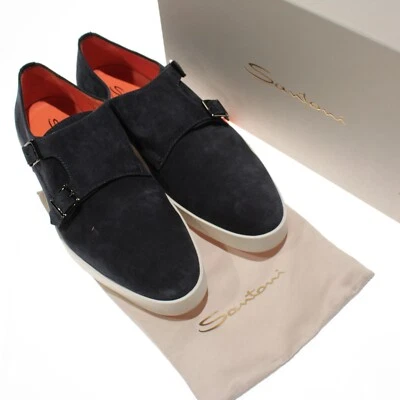 Sapatos sociais Santoni novo com etiquetas bankável alça dupla monge tamanho 8 EUA 9 em camurça marinha - Imagem 1 de 4