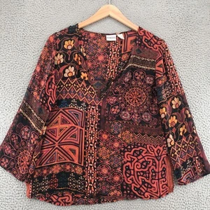 Chicos Top Women 1 US Medium Orange Multi Batik Silk Plunging Neck Long Sleeve* - Picture 1 of 11