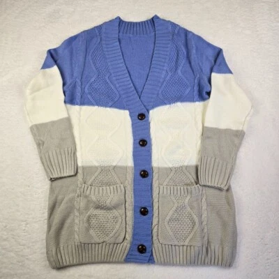 Cable Knit Cardigan Sweater Women's Size XL Blue White Grey V-Neck Buttoned - Image 1 of 4