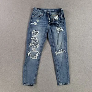American Eagle Sz 0 Tomgirl Jeans Heavy Quality Denim Button Fly Destroyed Wash - Picture 1 of 10