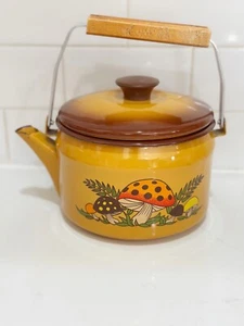 70’s Sears Merry Mushroom Enamelware Tea Kettle Mustard Yellow Wood Handle Boho - Picture 1 of 24