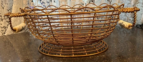 Metal wire basket gold tone vtg ceramic handles decorative Cover