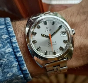 Orologio Meccanico Vintage Enicar Sherpa Date 600 Steel Case 37mm Oversize - Foto 1 di 9