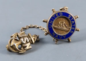 VTG STERLING SILVER Sweetheart Pin Set USN US NAVY WWII Son/Service BLUE ENAMEL - Picture 1 of 4