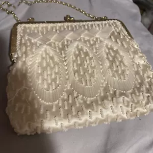 Hand Beaded Cream Vintage Purse Wedding Tichere Bag By Walboreg 6”x6” - Picture 1 of 7
