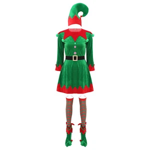Womens Elf Costumes Performance 5-Piece Christmas Dress Hat Outfit Waist Belt - Picture 1 of 25