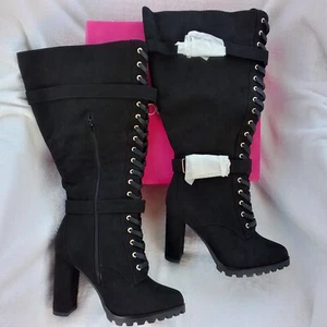 Größe 10 Damenschuhe schillernder Absatz Rangi-E schwarz Kaviar Reißverschluss Stiefel - Bild 1 von 9