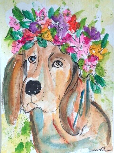 Единственный в своем роде оригинальный красочный цветы гончая собака акварель картина искусства - Изображение 1 из 1