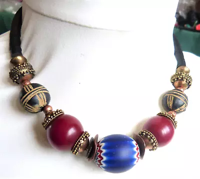 Venetian Chevron Glass Bead Necklace, Clay Beads, Mali, Resin Beads • 290.06$