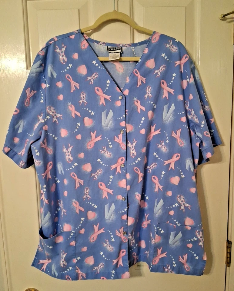 SCRUBLAND II Unisex SZ 2X Short Sleeve Scrub Top Breast Cancer Awareness - Image 1 of 4