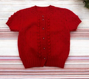 Vintage Hand Knit Girls Short sleeve Cardigan Sweater Cherry Red Size 4-6? - Picture 1 of 4