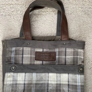 Abercrombie Fitch Vintage Flannel Tote Bag  Large Cotton Gray Plaid Leather - Picture 1 of 12