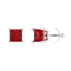Simulated Ruby Stud Earrings for Women, Screw back (1 cttw, 4.5mm, Princess-Cut) - Picture 1 of 20