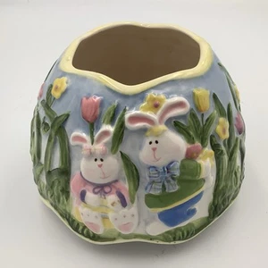 Home Interior Ceramic Topper For Candle Jar Easter Bunny Garden Blue Yellow Pin - Picture 1 of 3