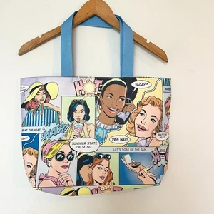 Estee Lauder Caricature Comic Strip Women Tote Bag Beach Beauty Travel Blue NWOT - Picture 1 of 10