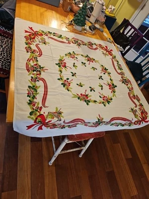 50’s Vintage Christmas Cotton Print Tablecloth 46” X 50” BELLS-HOLLY- - Image 1 of 4